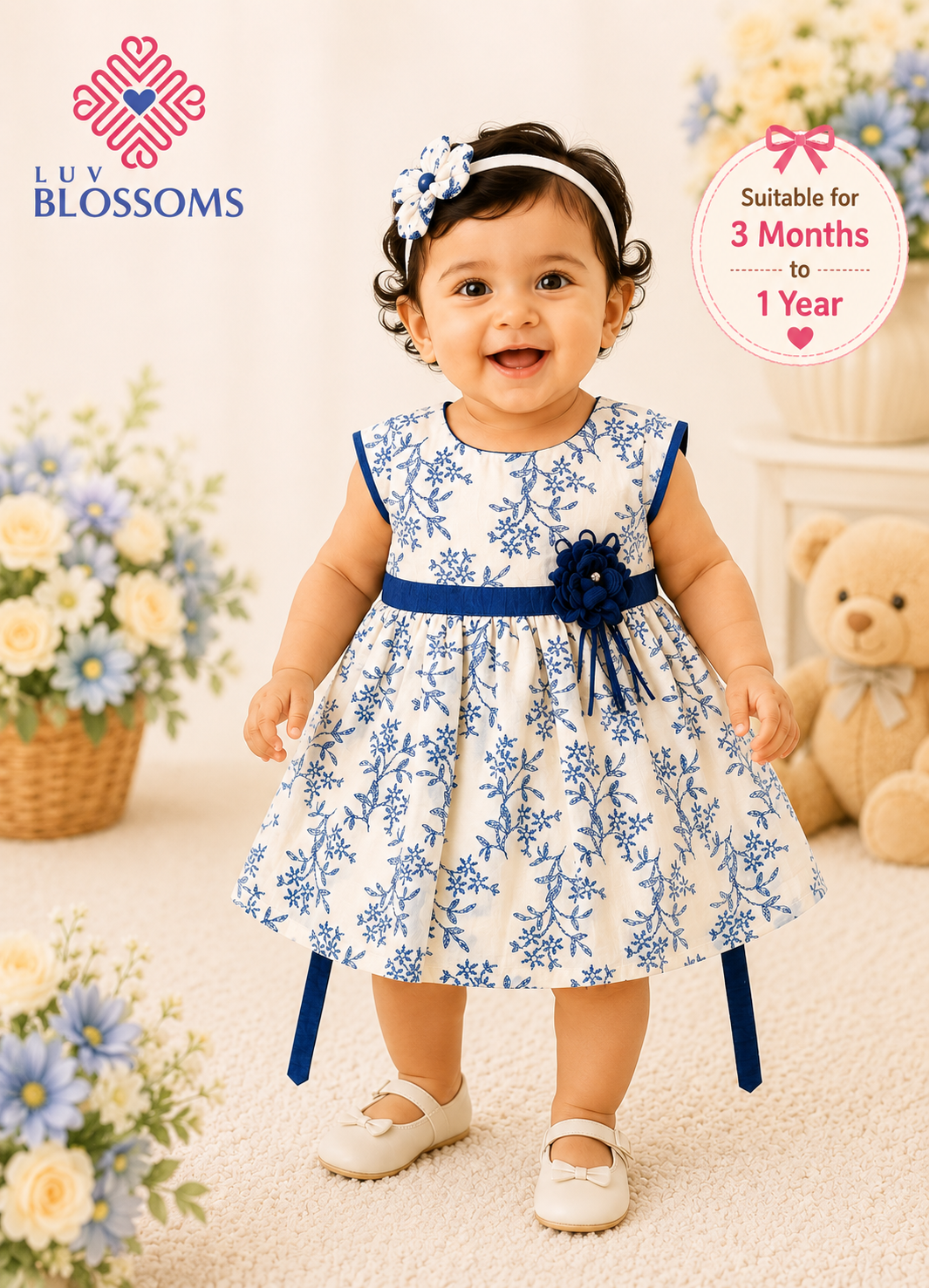 LB1029 Kids Premium Cotton Frock OFF WHITE & ROYAL BLUE