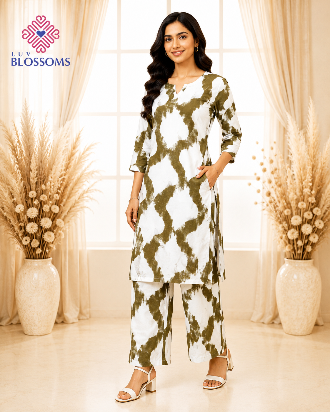 LB1033 Premium Rayon Co-Ord Set with Palazzo Pant WHITE AND OLIVE GREEN