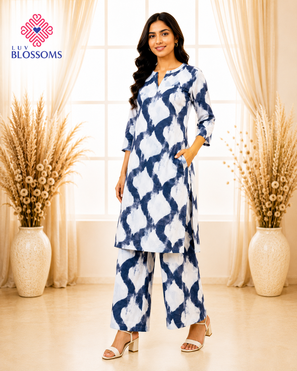 LB1033 Premium Rayon Co-Ord Set with Palazzo Pant WHITE AND JEAN GREY