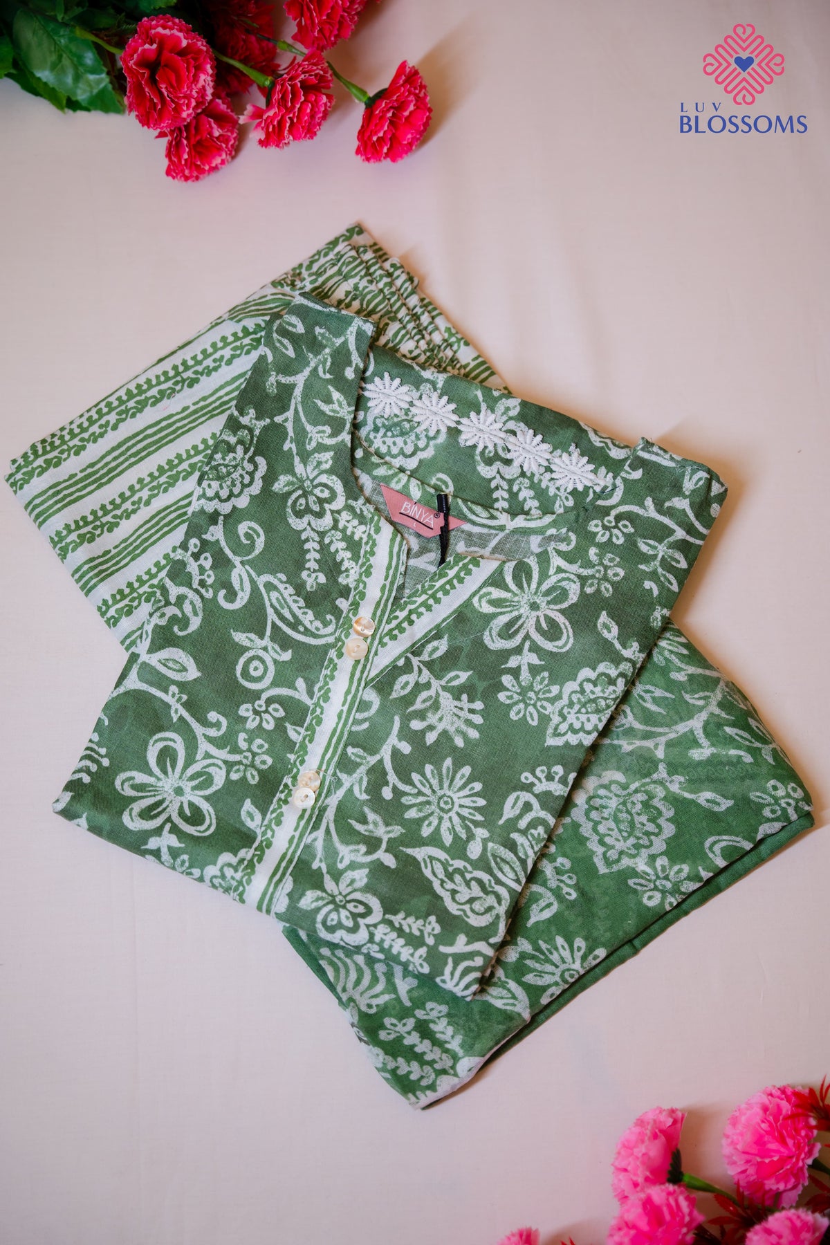 LB1004 Cotton 3 Pcs Short Kurti Set with Palazzo – Green