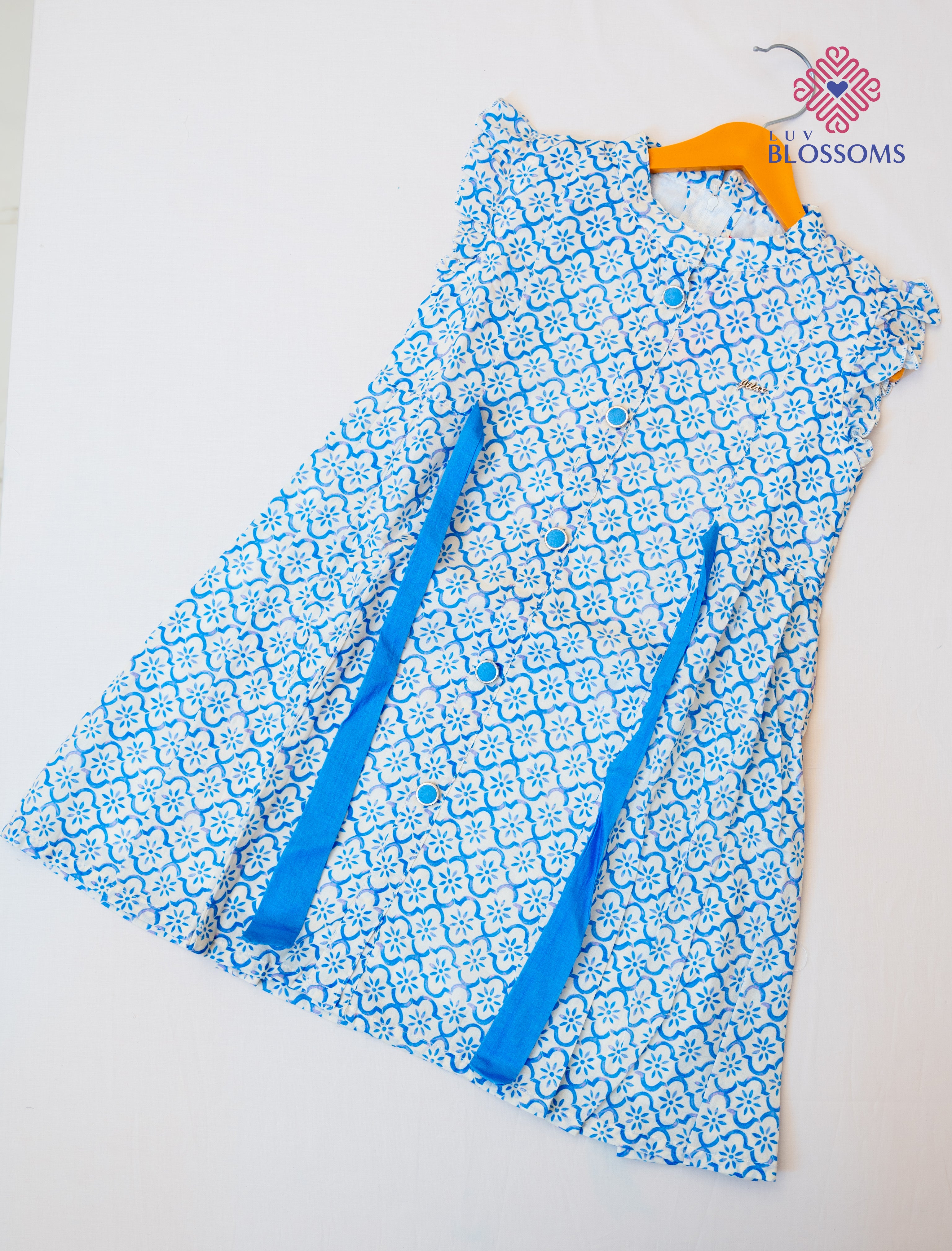 LB1030 Kids Premium Cotton Frock WHITE & BLUE