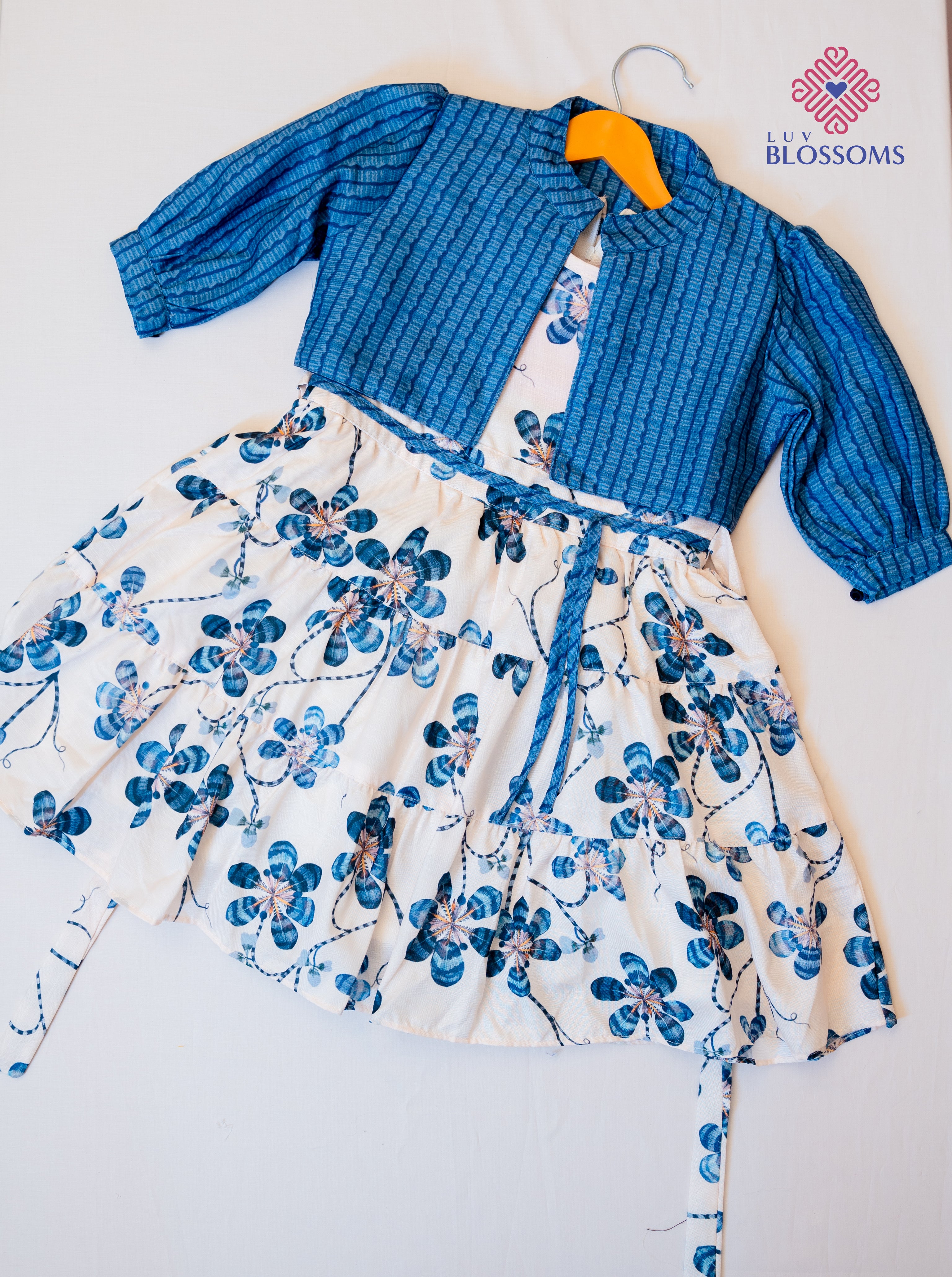 LB1030 Kids Premium Soft Cotton Blend Frock CREAM & JEAN BLUE