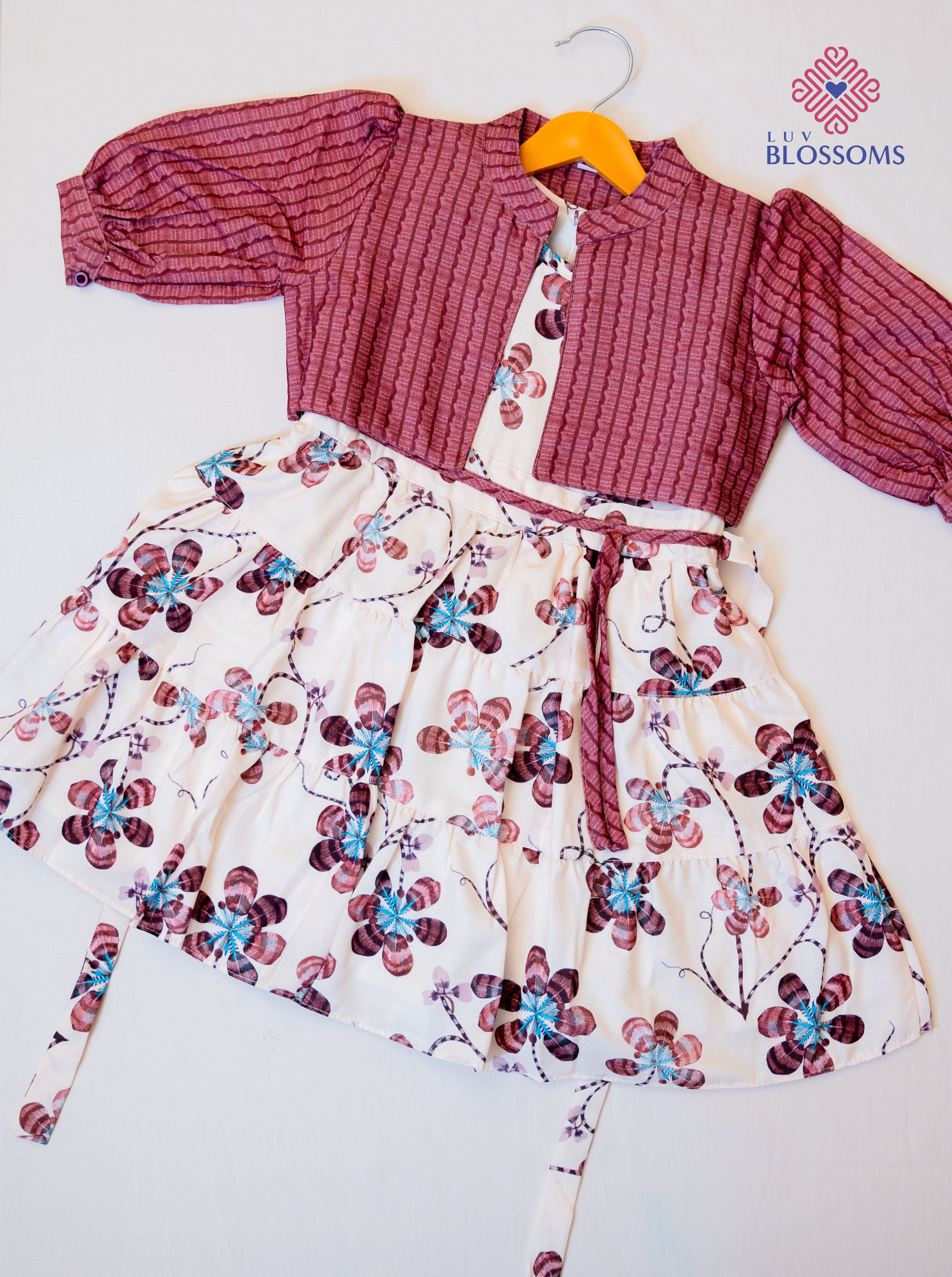 LB1030 Kids Premium Soft Cotton Blend Frock CREAM & RUST BROWN