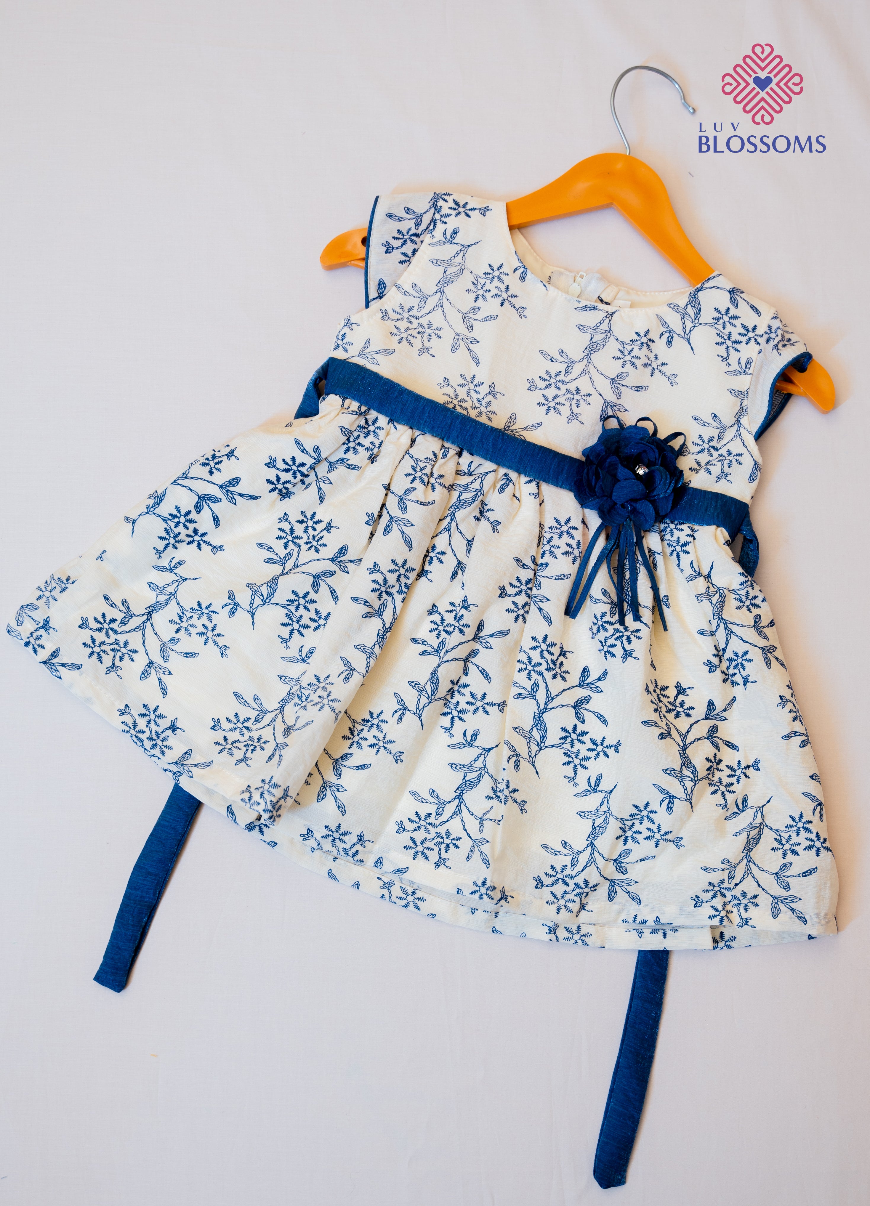 LB1029 Kids Premium Cotton Frock OFF WHITE & ROYAL BLUE