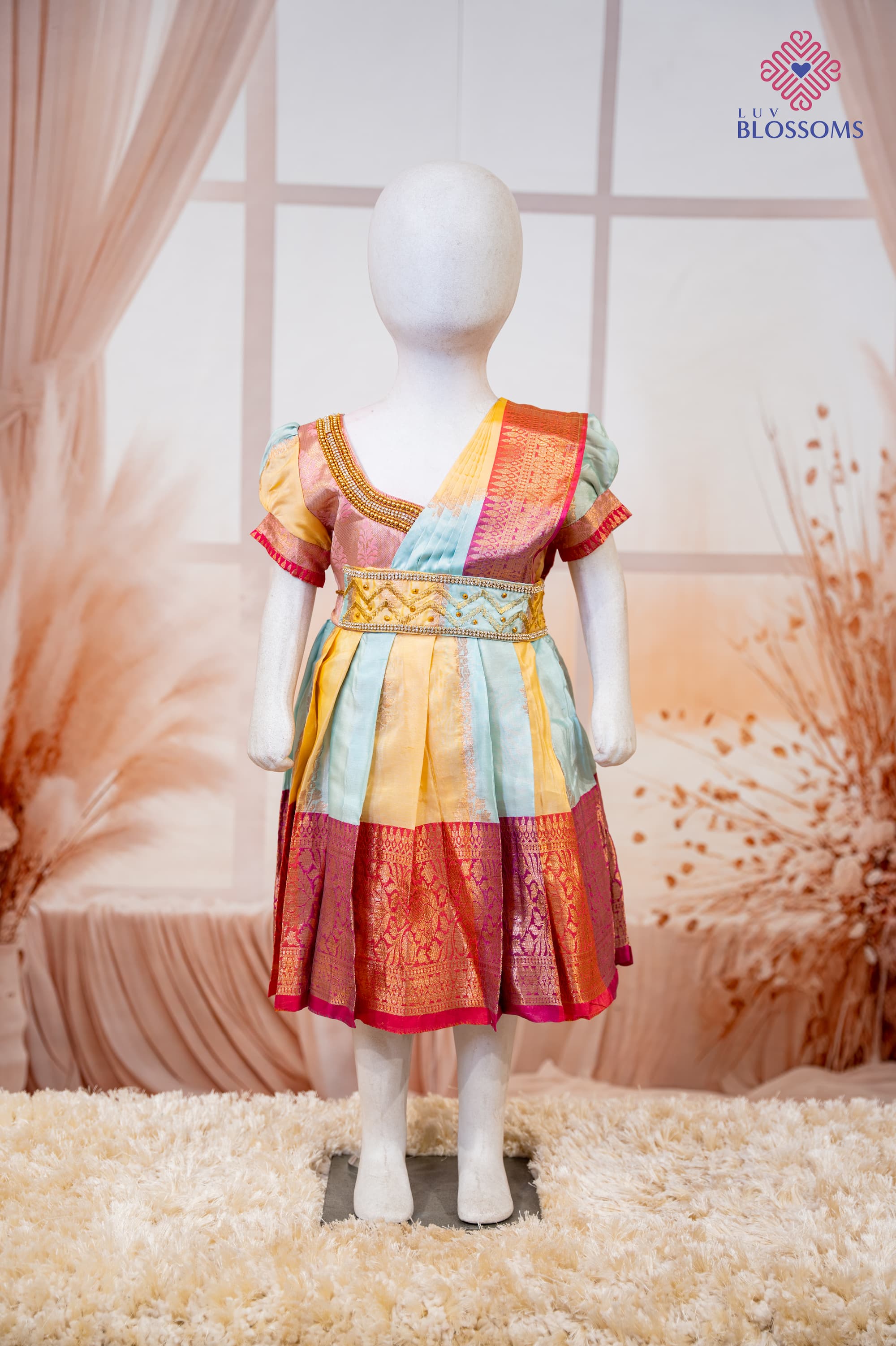 LB1014 Girls Shimmer Ethnic Party Frock Attached Shoulder Drape ROSE GOLD PEACH