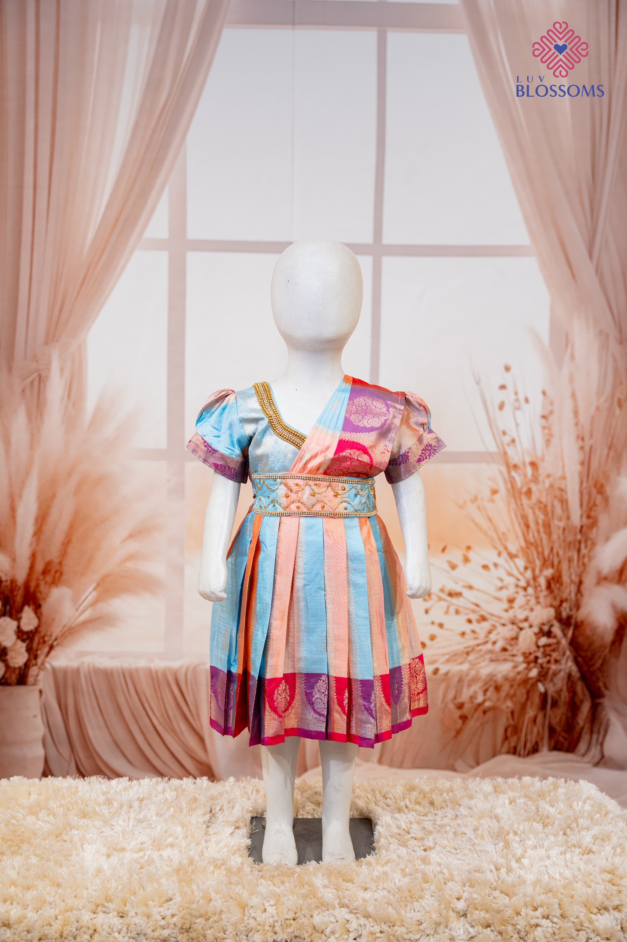 LB1014 Girls Shimmer Ethnic Party Frock Attached Shoulder Drape ICE BLUE