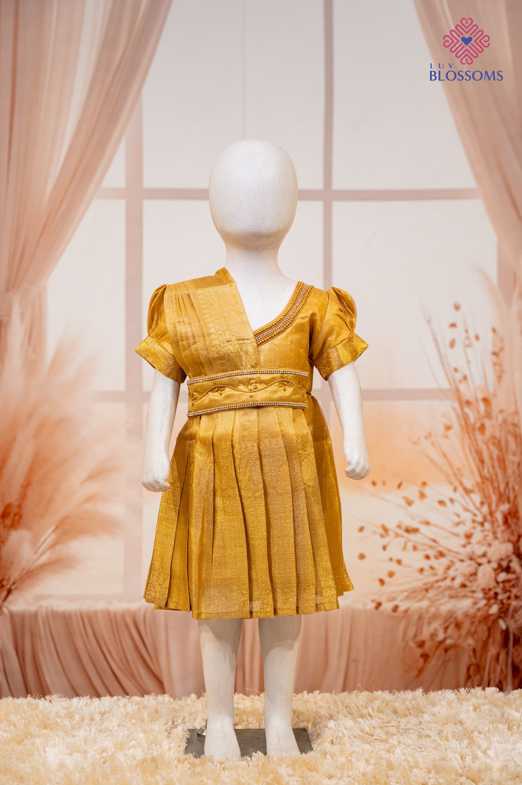 LB1014 Girls Golden Shimmer Ethnic Party Frock Attached Shoulder Drape GOLD
