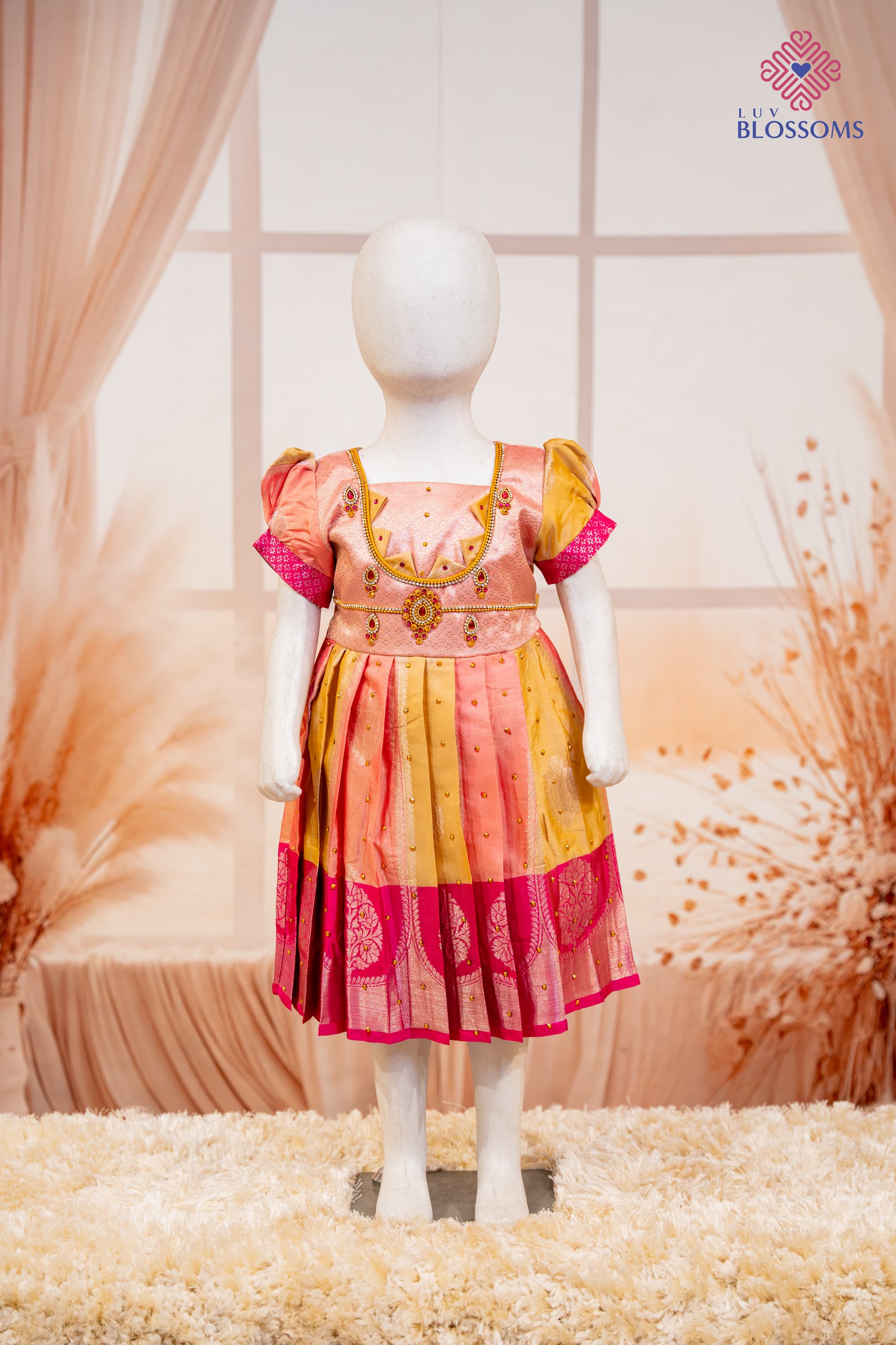 LB1014 Girls Premium Silk Party Wear Frock PEACH & MUSTARD