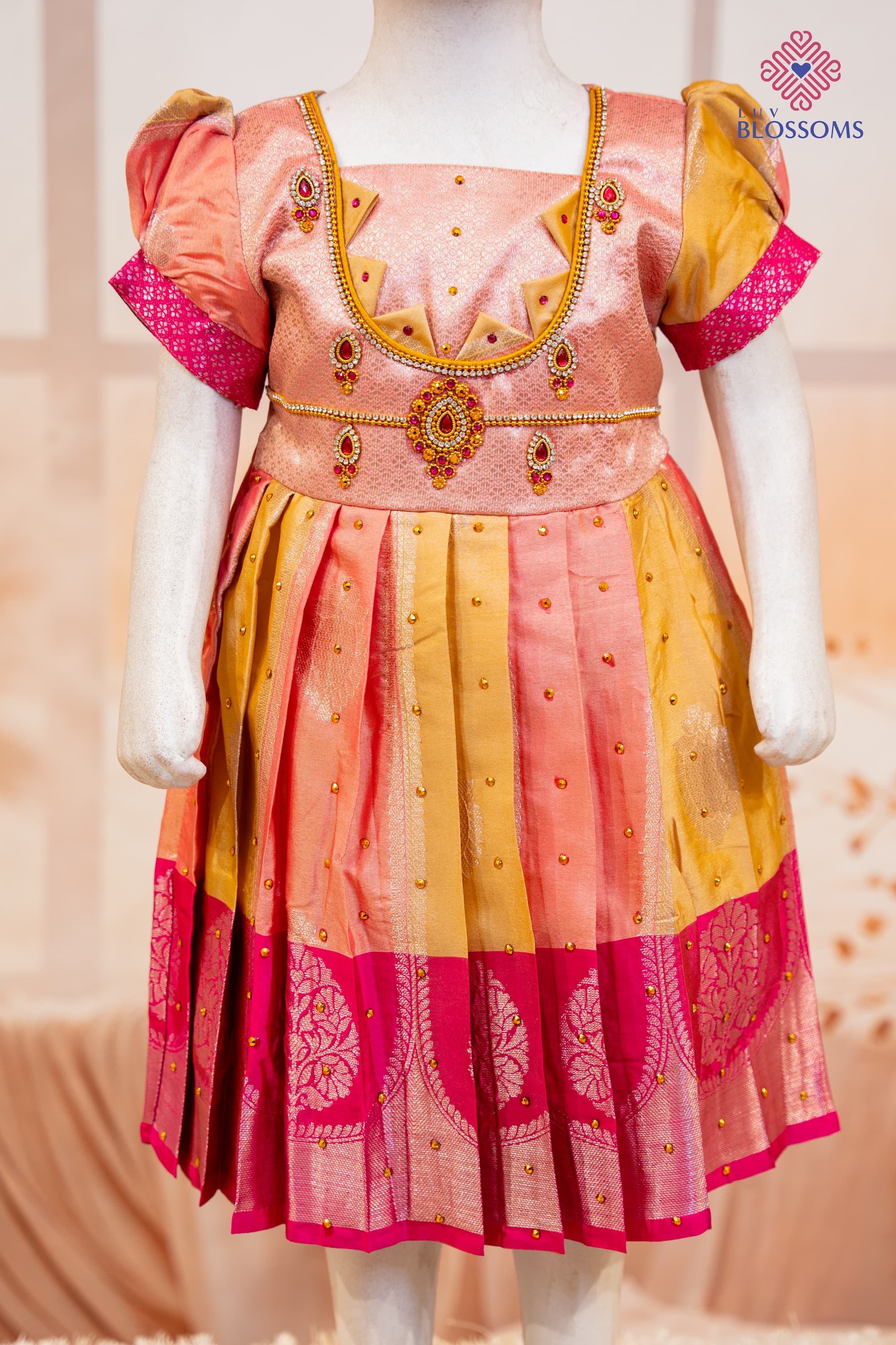 LB1014 Girls Premium Silk Party Wear Frock PEACH & MUSTARD