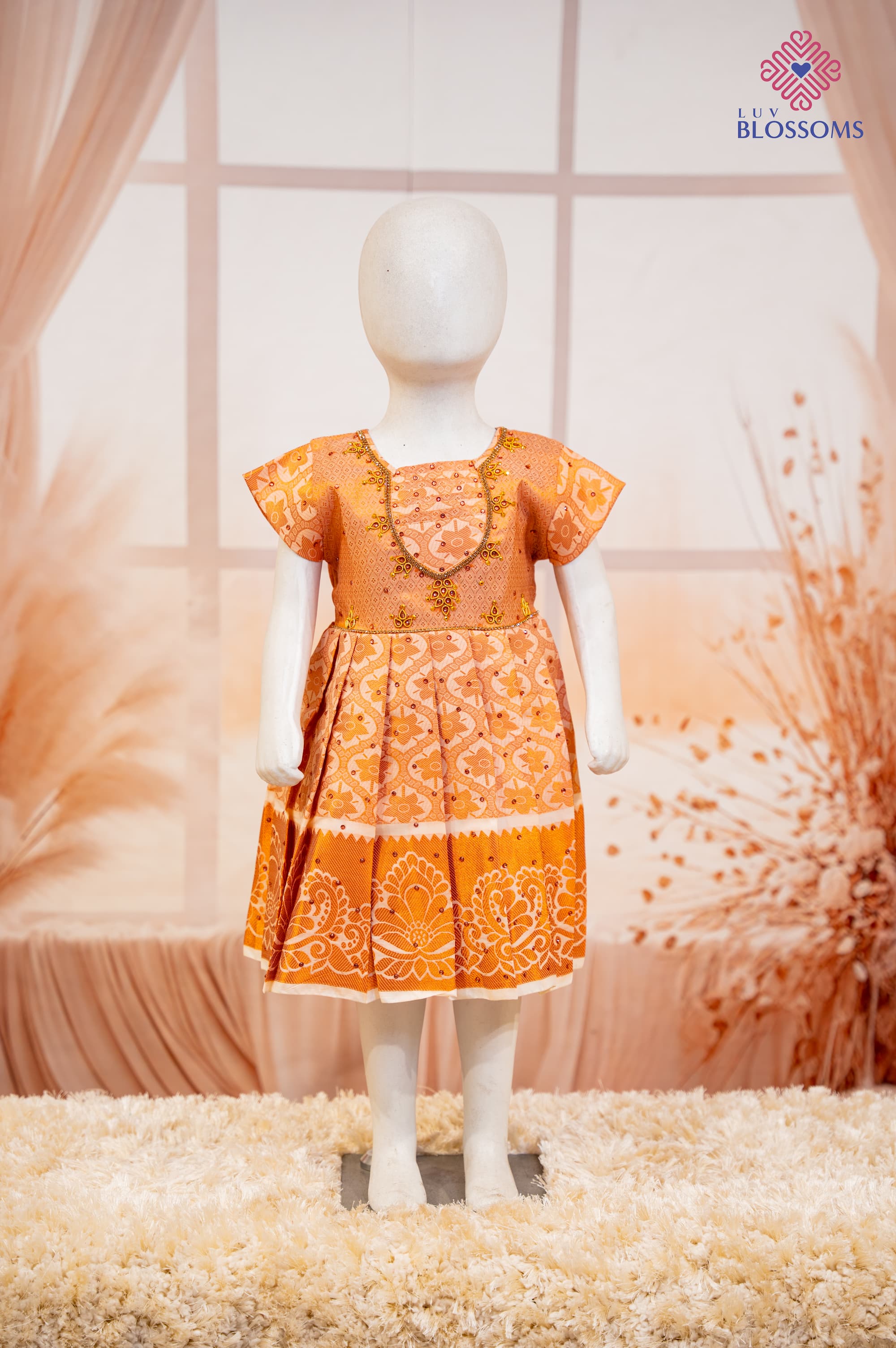LB1014 Girls Premium Silk Party Wear Frock PEACH & ORANGE